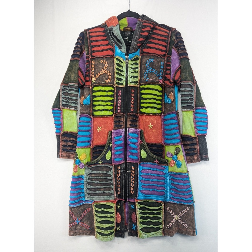 Rising International Patchwork Hooded Jacket Multicolor Cotton Boho Coat Medium
